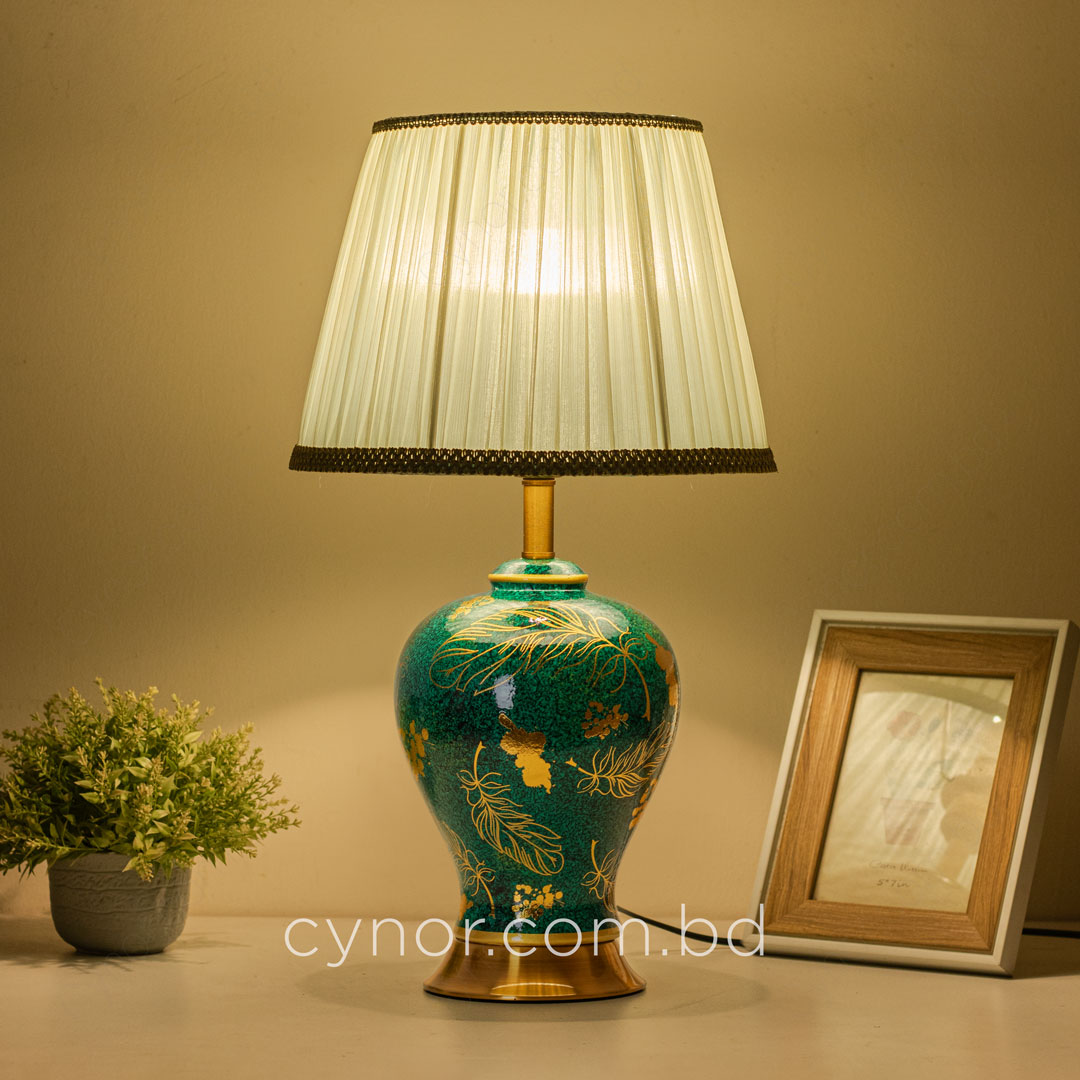 TL374-Green and Golden Color Ceramic Body Lamp with Metal Base and Fabric Shade (4)