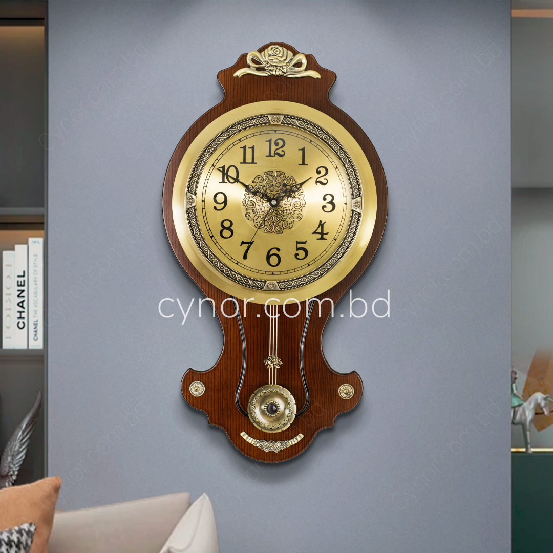 WC703-High Quality Wooden Body with Metal Design Golden Color Dial Pendulum Wall Clock (1)