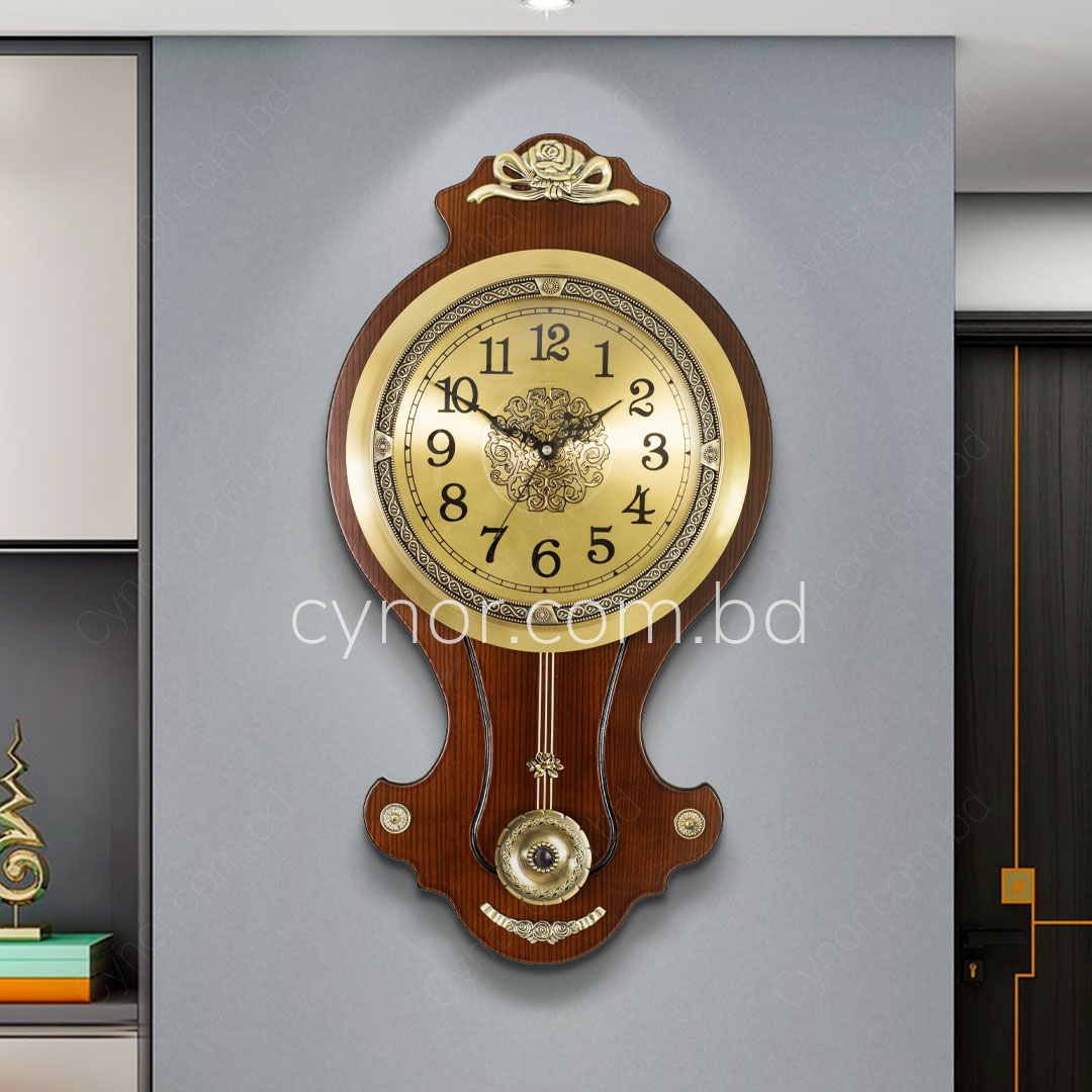 WC703-High Quality Wooden Body with Metal Design Golden Color Dial Pendulum Wall Clock (2)