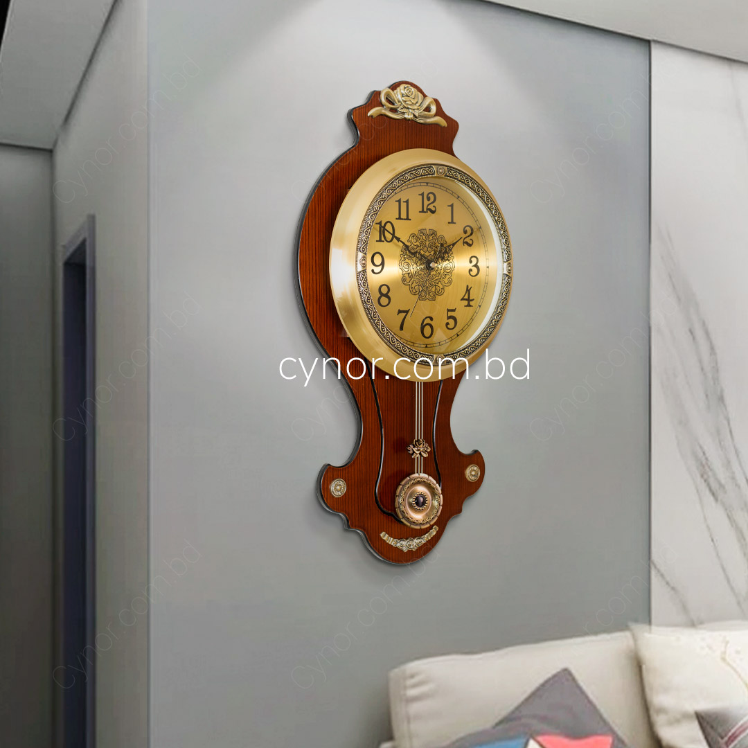 WC703-High Quality Wooden Body with Metal Design Golden Color Dial Pendulum Wall Clock (3)