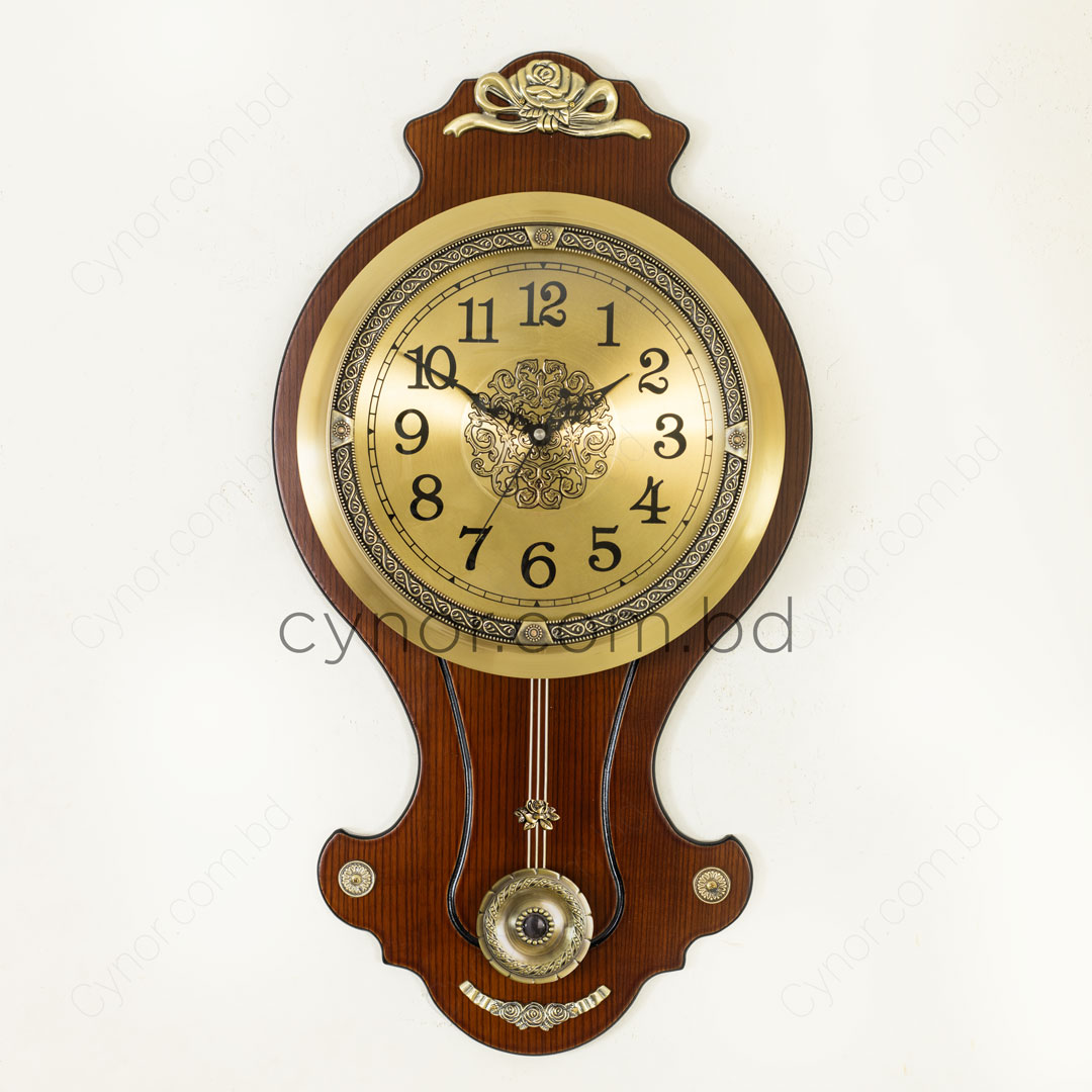 WC703-High Quality Wooden Body with Metal Design Golden Color Dial Pendulum Wall Clock (4)