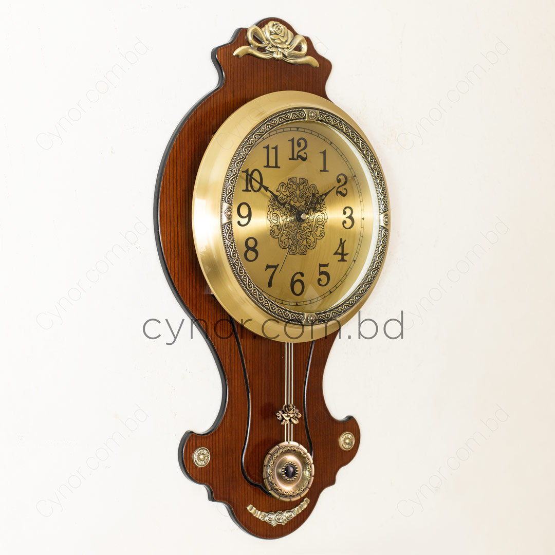 WC703-High Quality Wooden Body with Metal Design Golden Color Dial Pendulum Wall Clock (5)