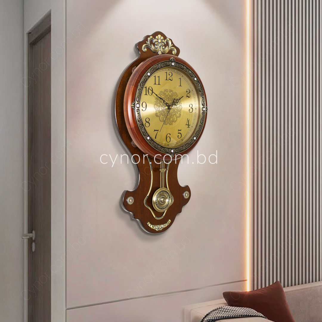 WC704-High Quality Wooden Body with Metal and Stone Design Golden Color Dial Pendulum Wall Clock (2)