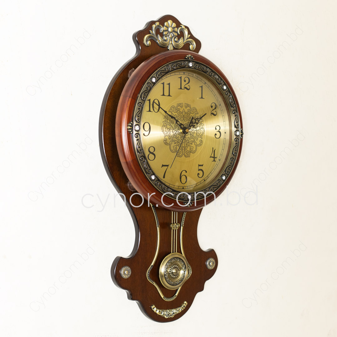 WC704-High Quality Wooden Body with Metal and Stone Design Golden Color Dial Pendulum Wall Clock (4)
