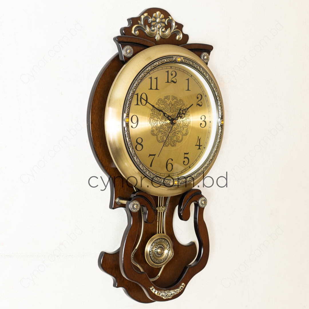 WC705-High Quality Wooden Body with Metal and Stone Design Golden Color Dial Pendulum Wall Clock (11)