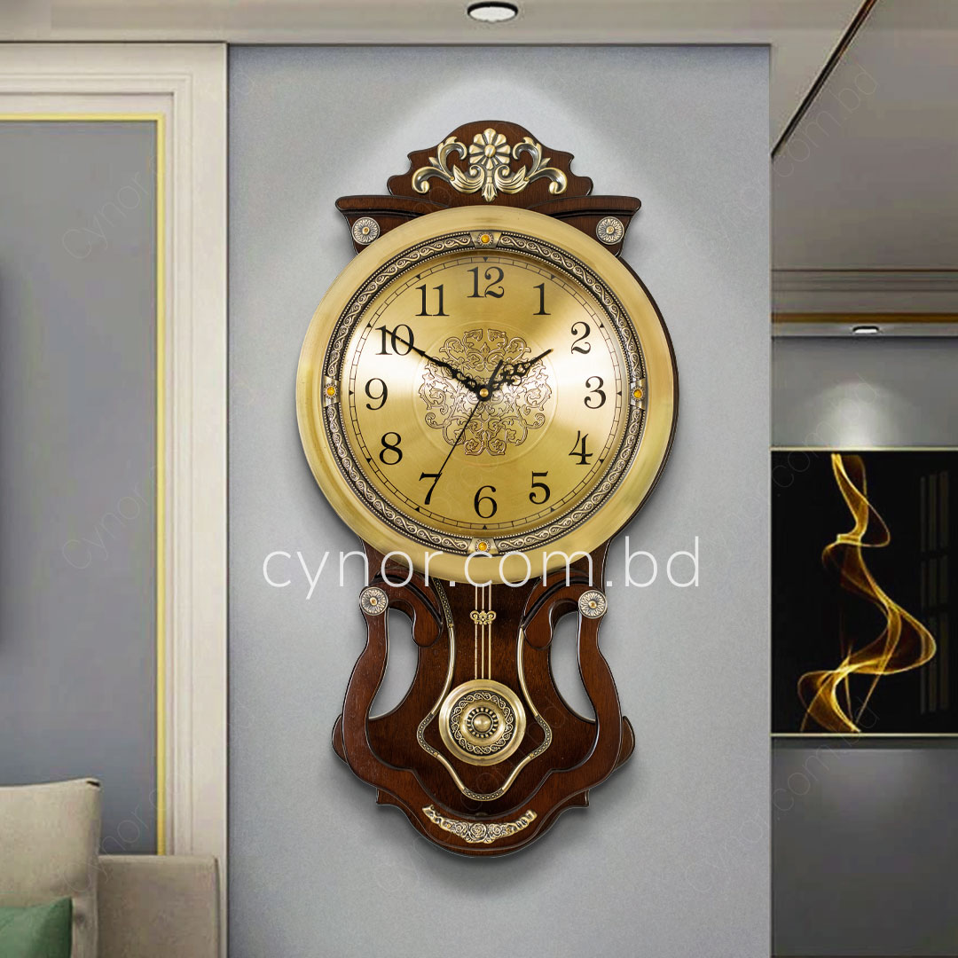 WC705-High Quality Wooden Body with Metal and Stone Design Golden Color Dial Pendulum Wall Clock (2)