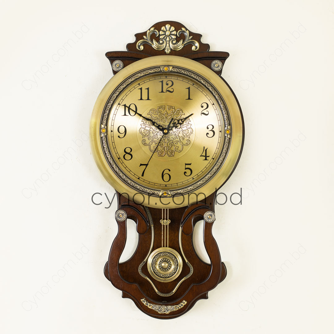 WC705-High Quality Wooden Body with Metal and Stone Design Golden Color Dial Pendulum Wall Clock (4)
