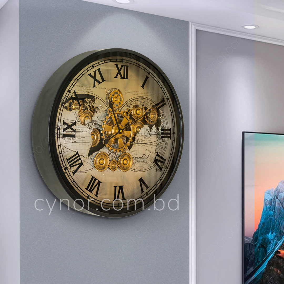 WC707-Very High Quality Metal Body Glass Dial Antique Style Moving Mechanical Gear Design Wall Clock (2)