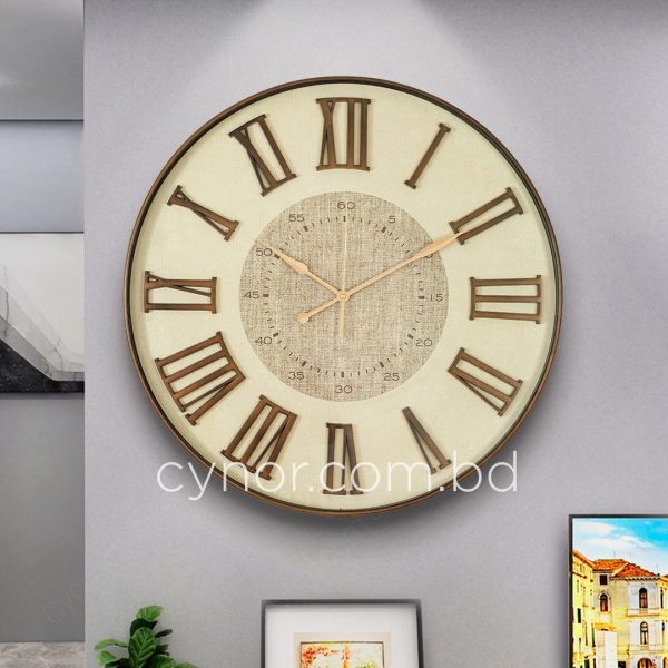 Antique Style Wood and Cream Color Wall Clock with Fiber Body Glass Dial and Linen Texture Design