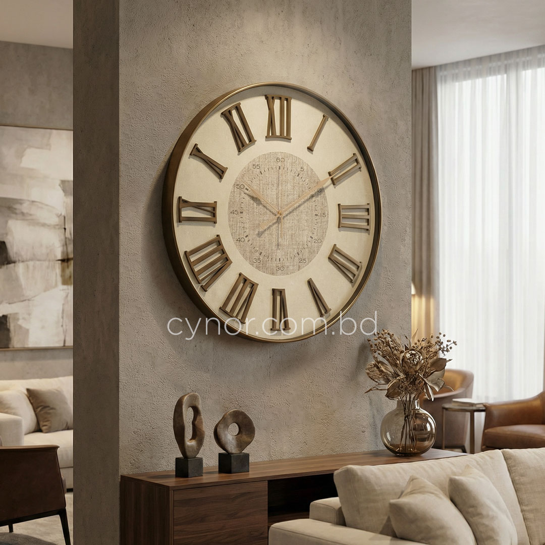 WC714-1-Antique Style Wood and Cream Color Wall Clock with Fiber Body Glass Dial and Linen Texture Design (2)
