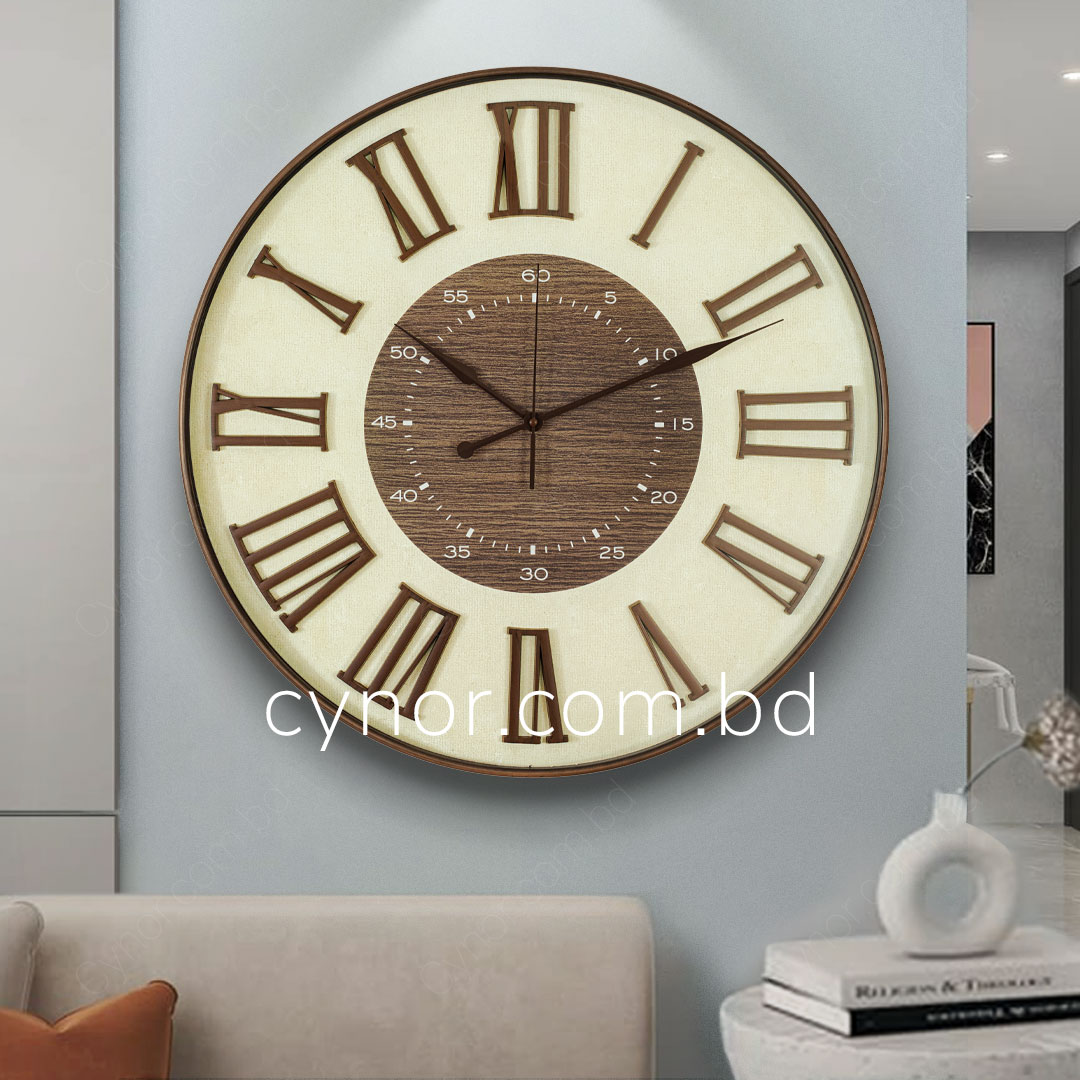 WC714-2-Antique Style Wood and Cream Color Wall Clock with Fiber Body Glass Dial and Linen Texture Design (1)