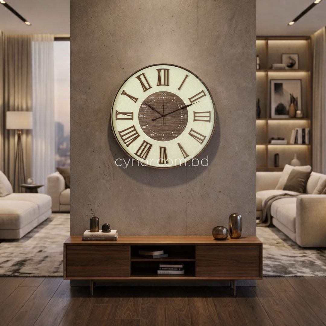 WC714-2-Antique Style Wood and Cream Color Wall Clock with Fiber Body Glass Dial and Linen Texture Design (4)