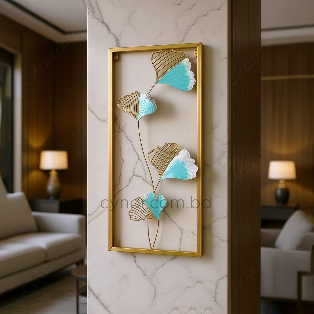 WR682-6-Metal Body Golden, Green Color Aquatic Leaf Design Wall Decor (1)