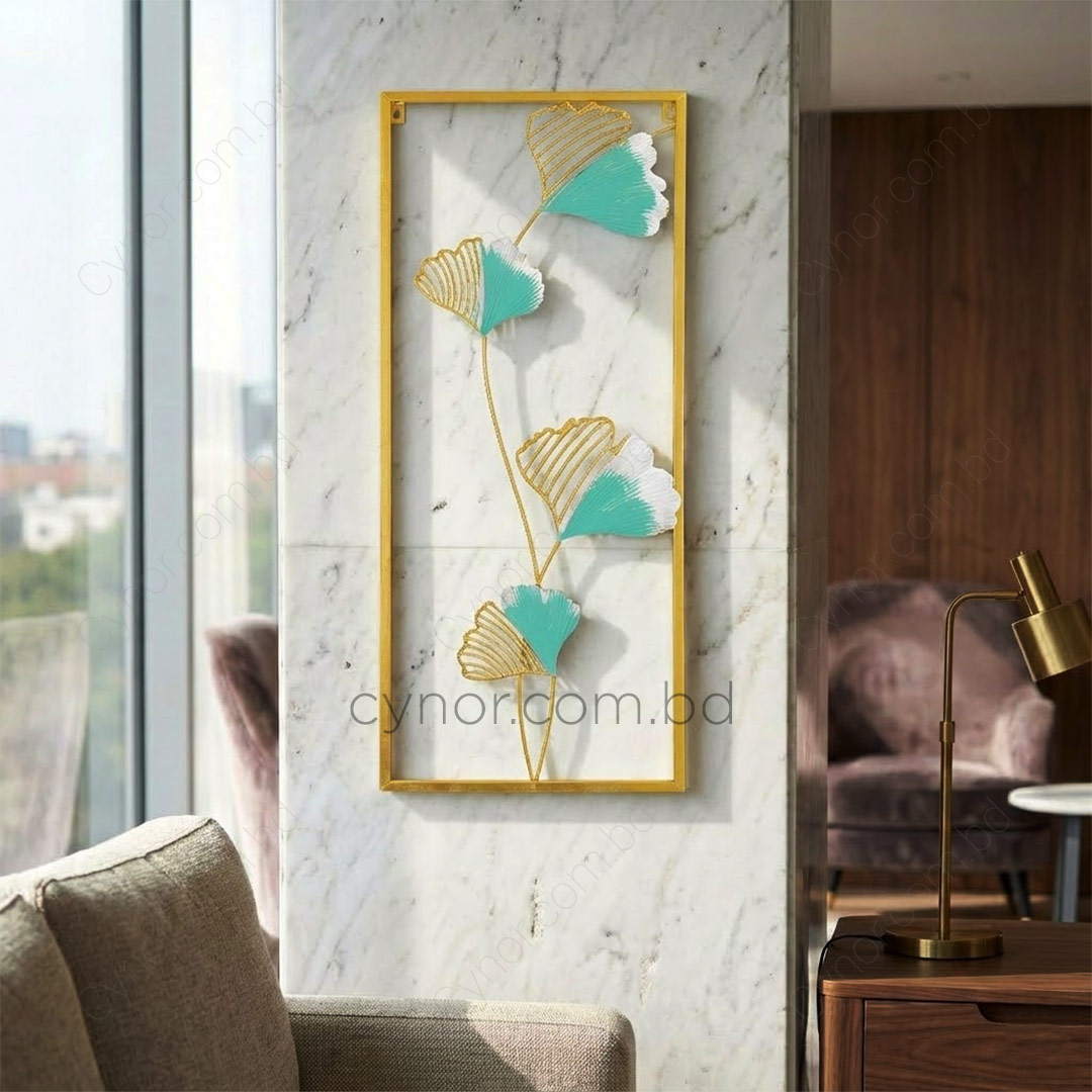 WR682-6-Metal Body Golden, Green Color Aquatic Leaf Design Wall Decor (2)