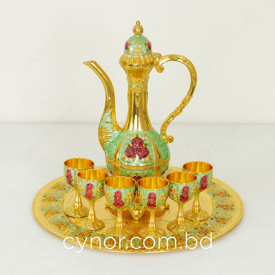 KC173-Mint-Traditional Surai Set Golden Mint SS Metal 6 Cups 1 Jug 1 Tray (2)