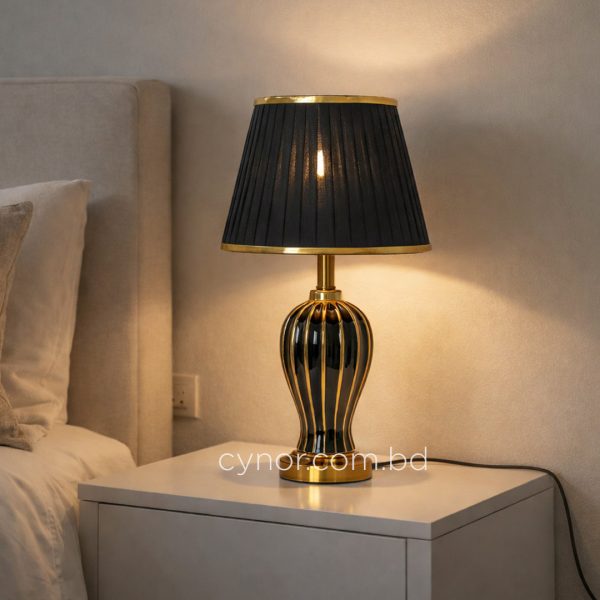 Ceramic and Metal Table Lamp in Black and Golden Color Body with Black Color Fabric Shade