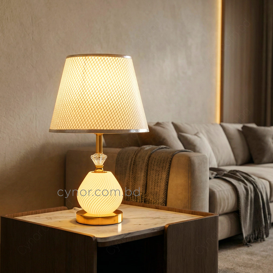 TL377-1-Metal Body Acrylic and Crystal Design Golden Table Lamp White Texture Plastic Shade (1)