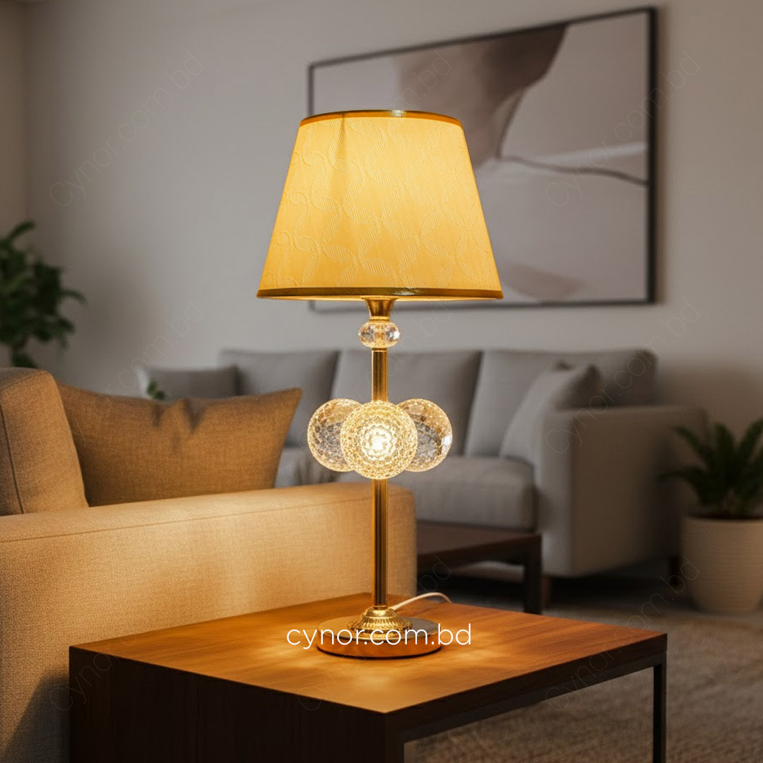 TL380-1-Golden Metal Table Lamp with Crystal Design and Decorated Cream Plastic Shade (1)