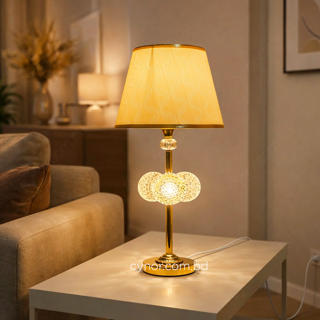 TL380-1-Golden Metal Table Lamp with Crystal Design and Decorated Cream Plastic Shade (10)