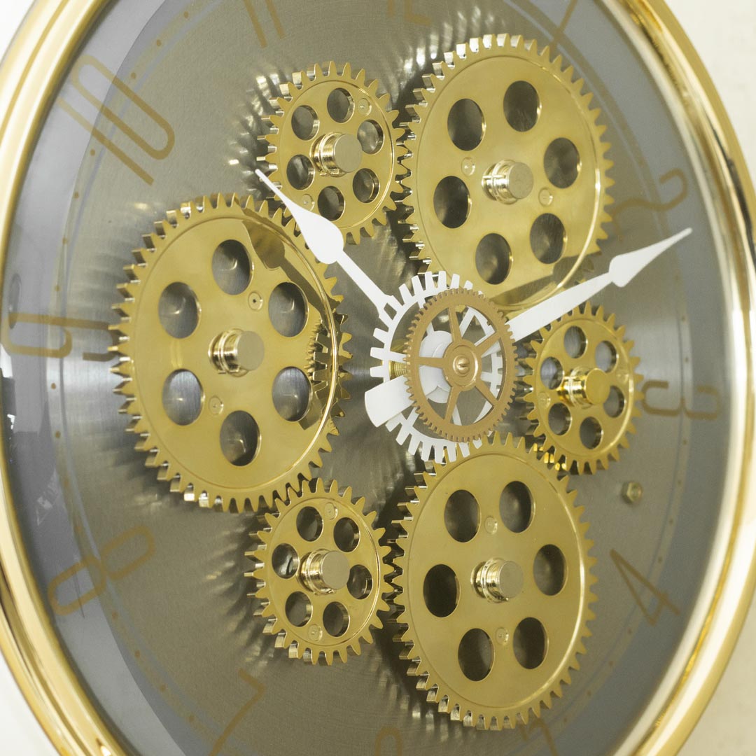 WC676-Ash-Golden Ash Moving Mechanical Gear Design Quartz Wall Clock Made with Fiber and Glass (6)