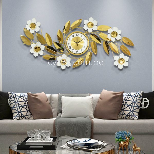 Decorative Flower Leaf Wall Clock Glossy Stainless Steel Golden and White