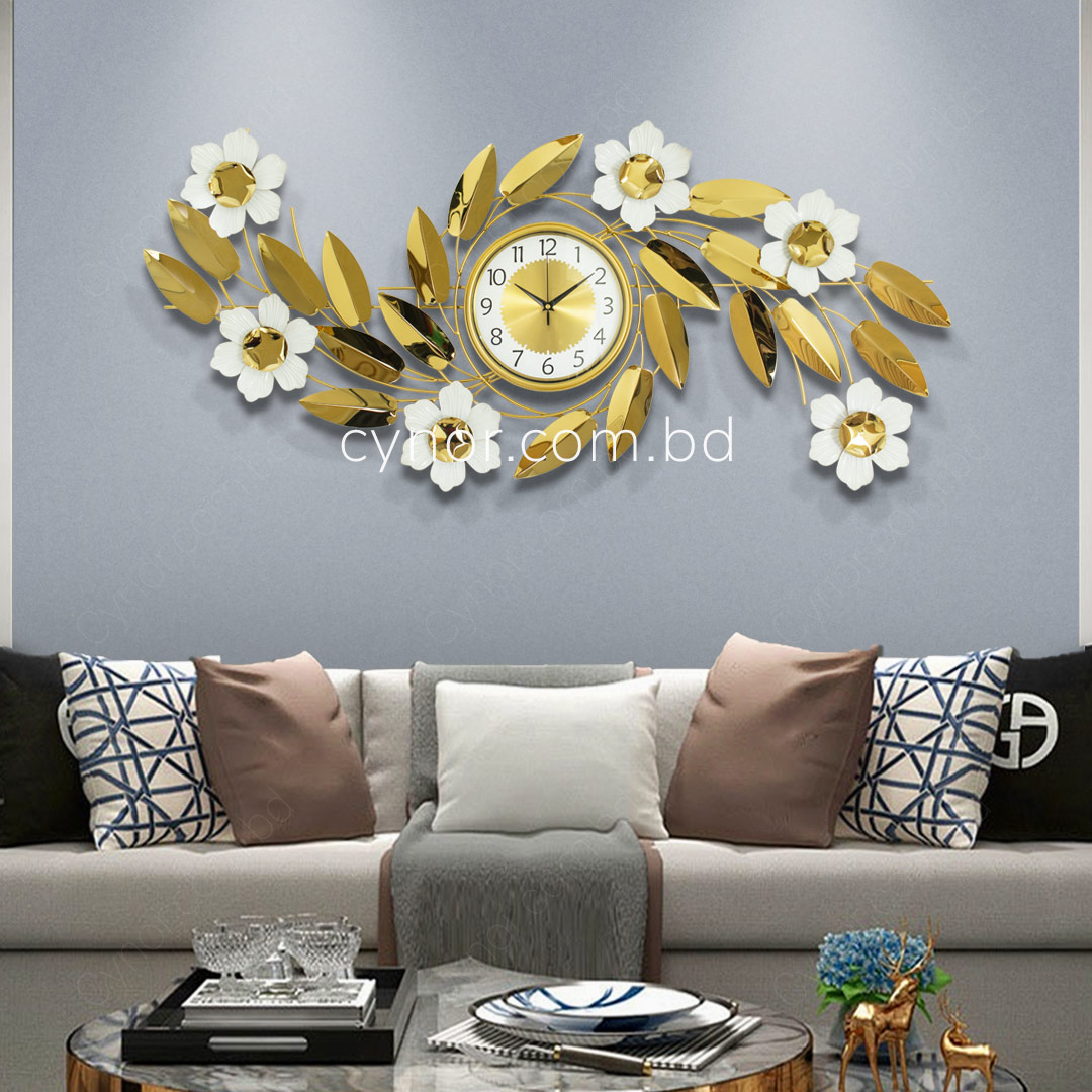 WC717-Decorative Flower Leaf Wall Clock Glossy Stainless Steel Golden and White (1)