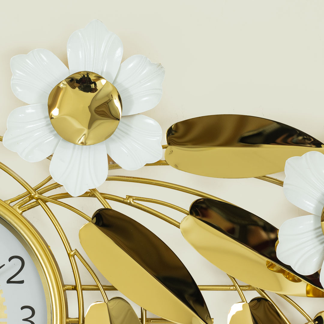 WC717-Decorative Flower Leaf Wall Clock Glossy Stainless Steel Golden and White (10)