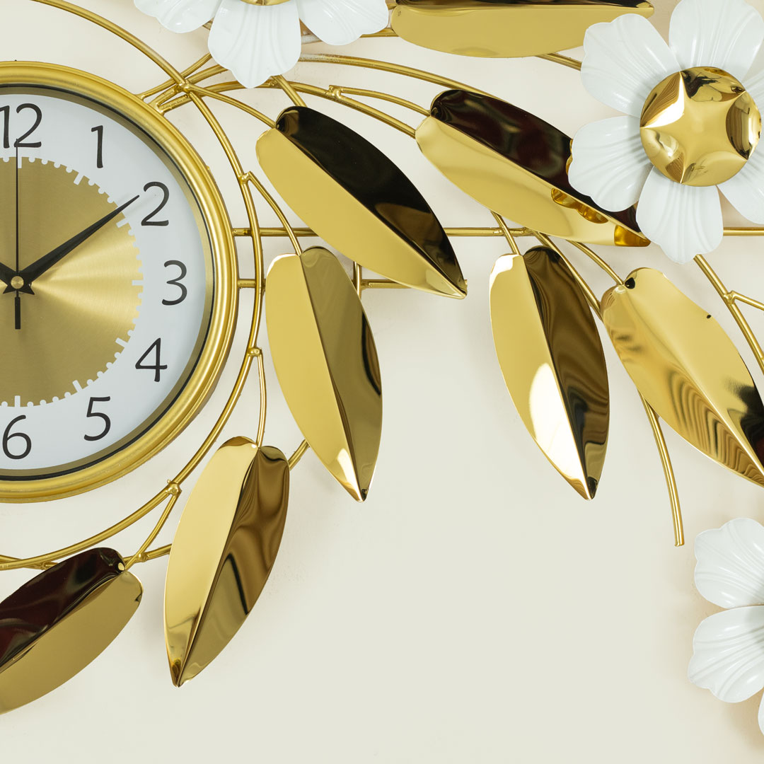 WC717-Decorative Flower Leaf Wall Clock Glossy Stainless Steel Golden and White (11)