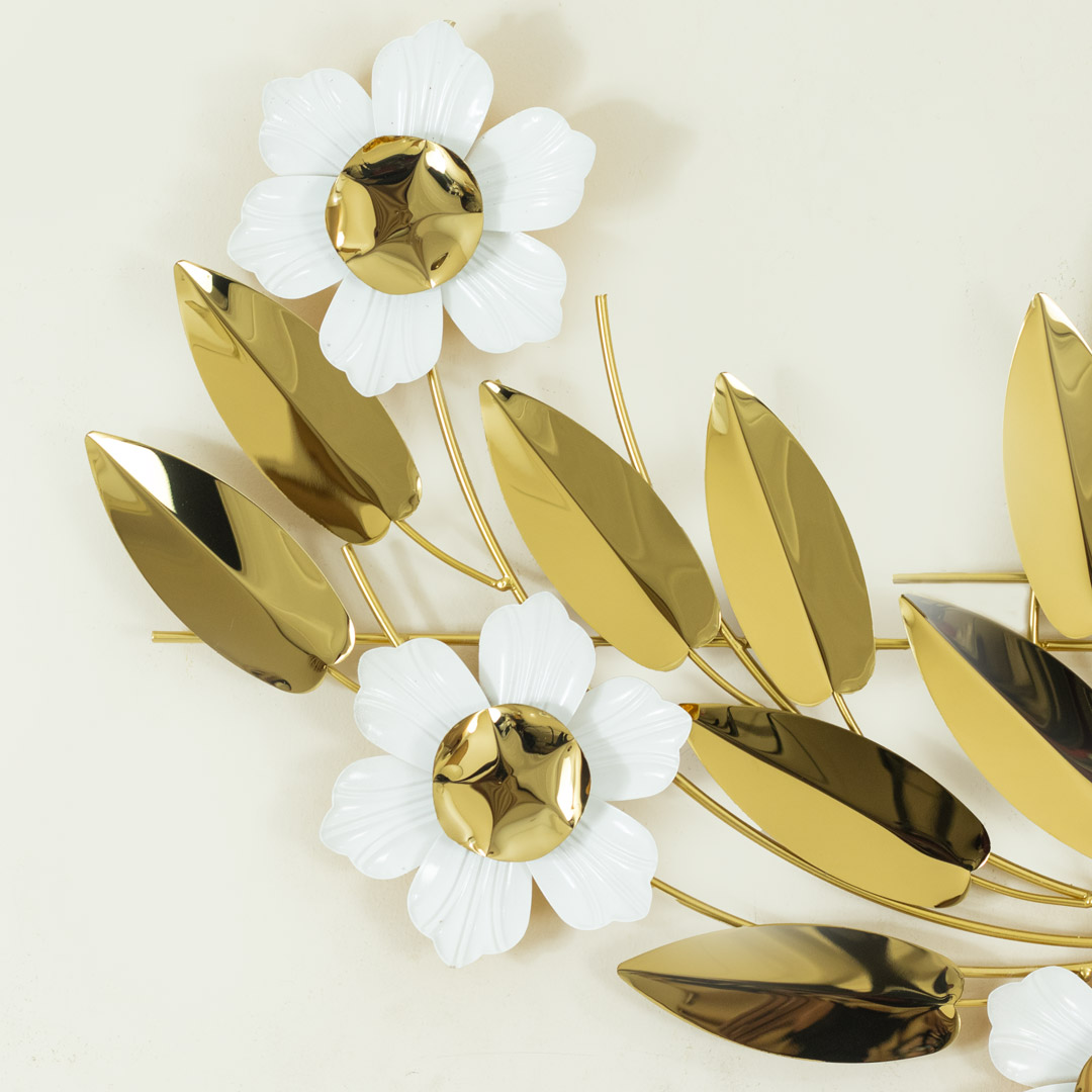 WC717-Decorative Flower Leaf Wall Clock Glossy Stainless Steel Golden and White (12)