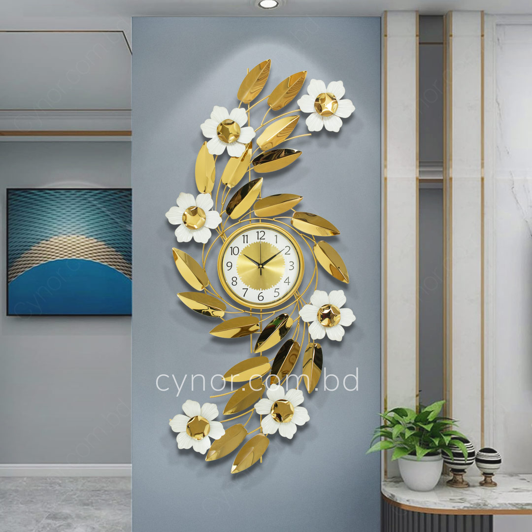 WC717-Decorative Flower Leaf Wall Clock Glossy Stainless Steel Golden and White (2)