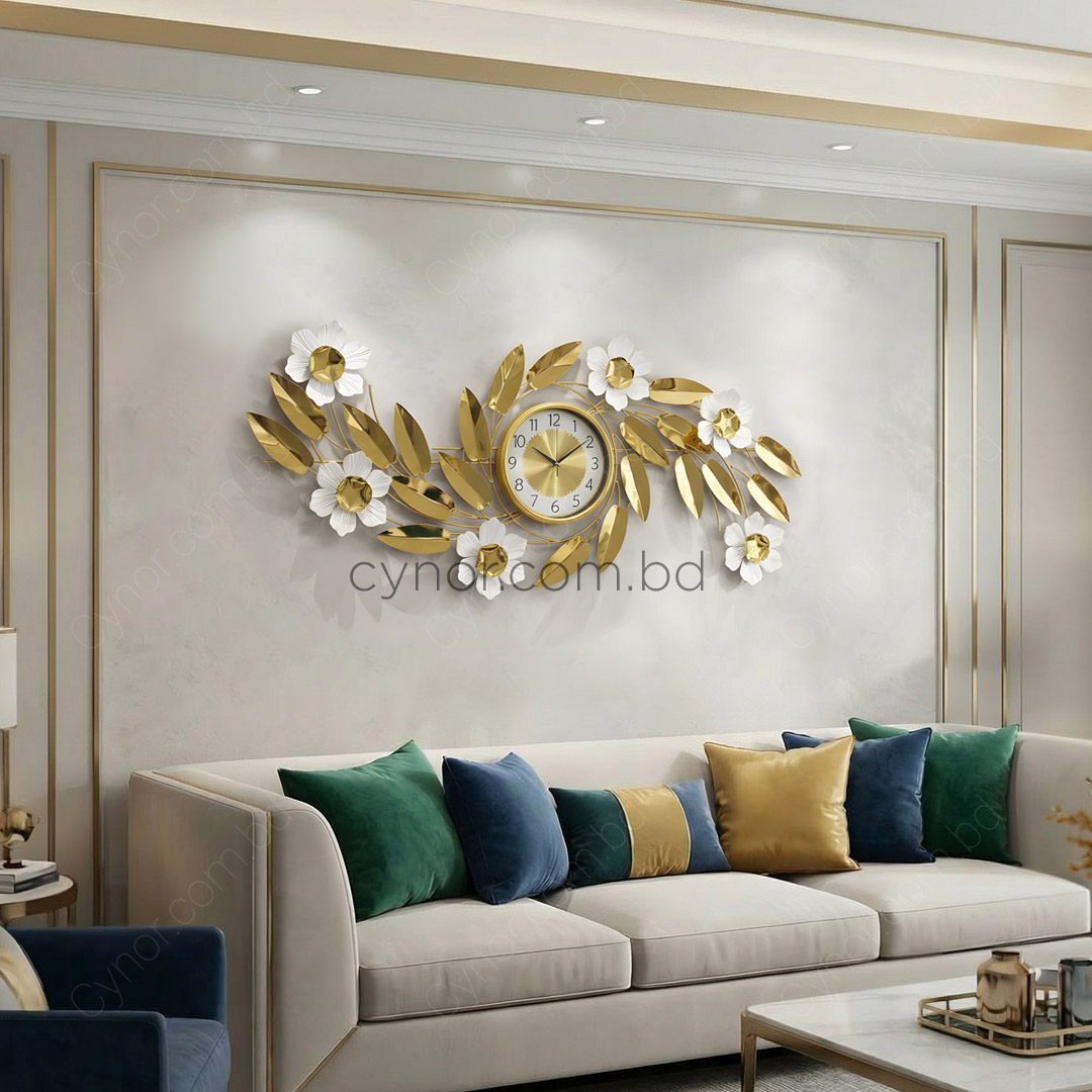 WC717-Decorative Flower Leaf Wall Clock Glossy Stainless Steel Golden and White (3)