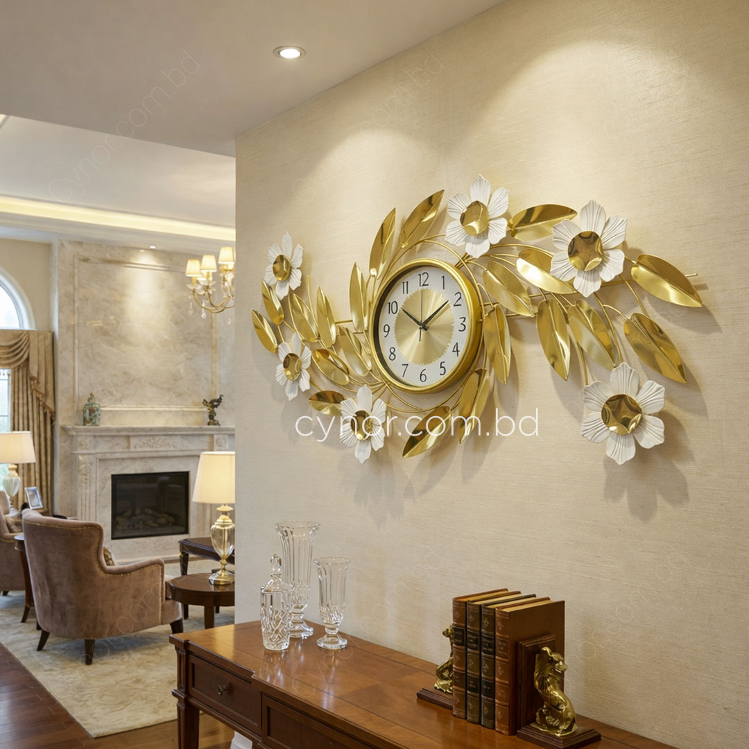 WC717-Decorative Flower Leaf Wall Clock Glossy Stainless Steel Golden and White (4)
