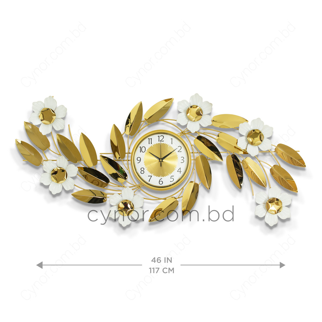 WC717-Decorative Flower Leaf Wall Clock Glossy Stainless Steel Golden and White (5)