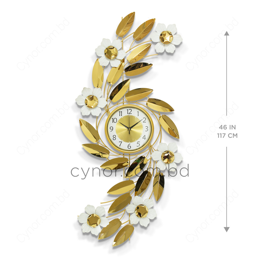 WC717-Decorative Flower Leaf Wall Clock Glossy Stainless Steel Golden and White (6)