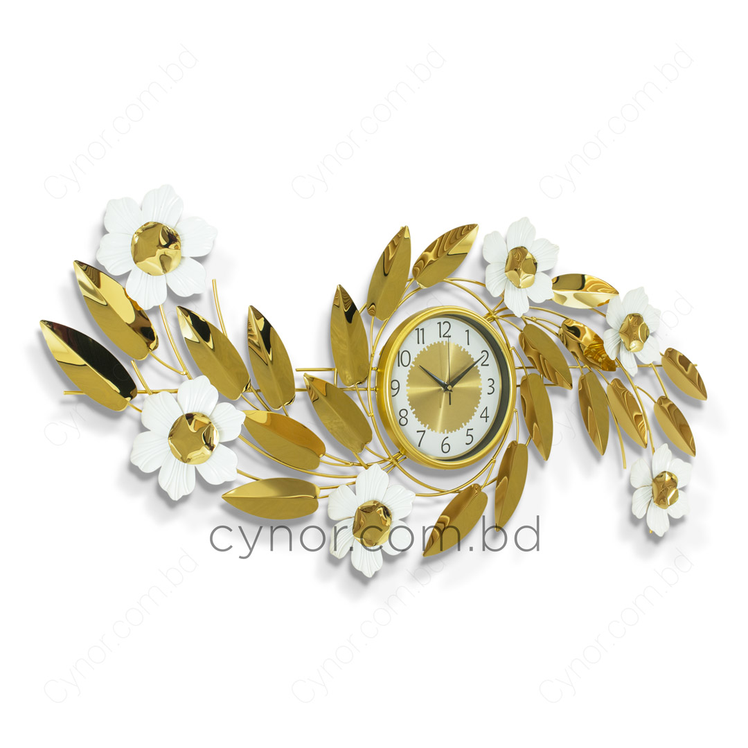 WC717-Decorative Flower Leaf Wall Clock Glossy Stainless Steel Golden and White (7)