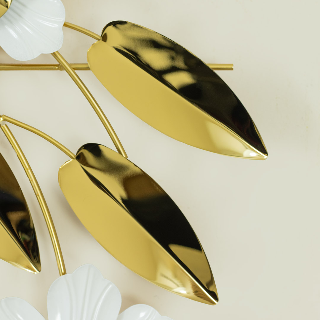 WC717-Decorative Flower Leaf Wall Clock Glossy Stainless Steel Golden and White (8)