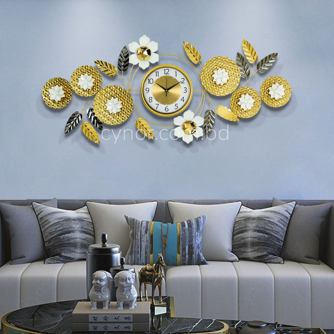 WC723-Decorative Glossy Flower Leaf Wall Clock Stainless Steel Golden Black White (1)
