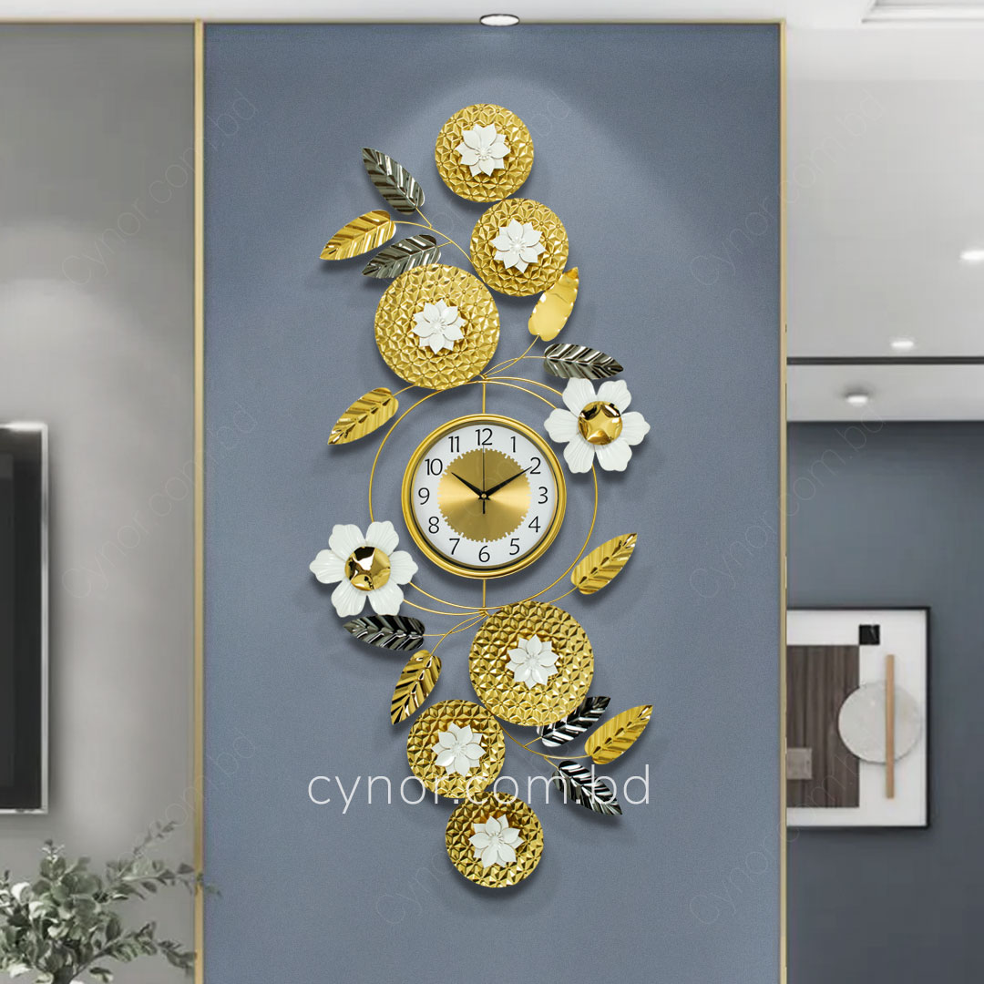 WC723-Decorative Glossy Flower Leaf Wall Clock Stainless Steel Golden Black White (2)
