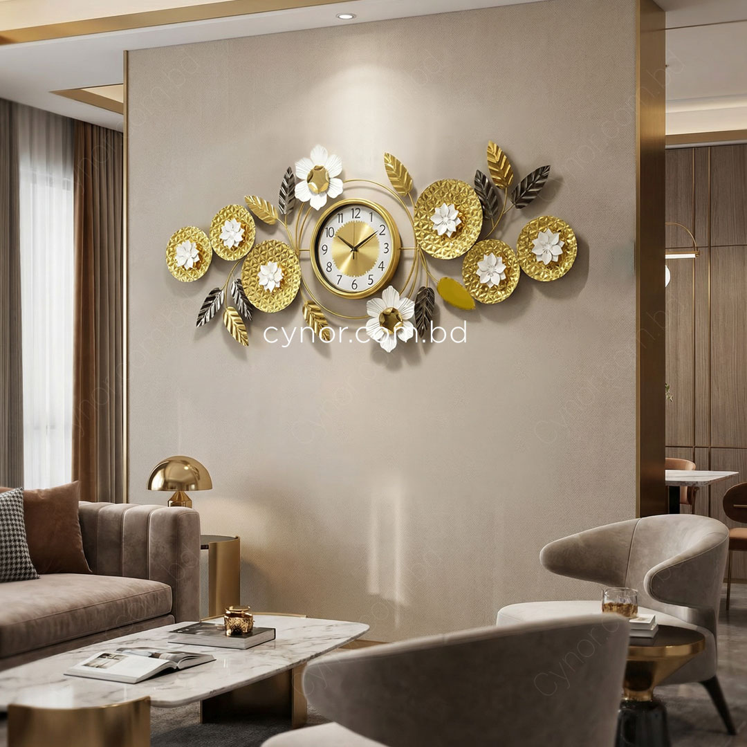 WC723-Decorative Glossy Flower Leaf Wall Clock Stainless Steel Golden Black White (3)