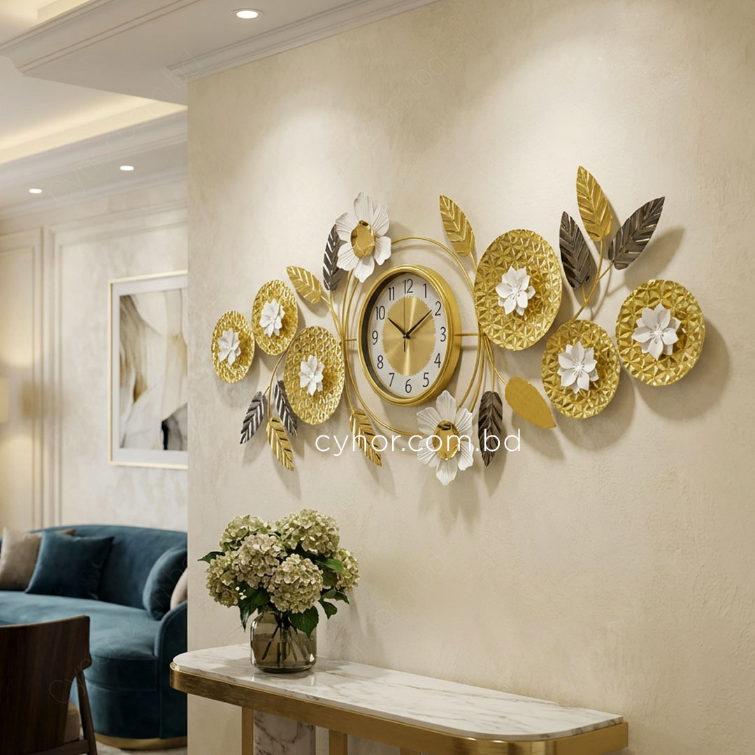 WC723-Decorative Glossy Flower Leaf Wall Clock Stainless Steel Golden Black White (4)