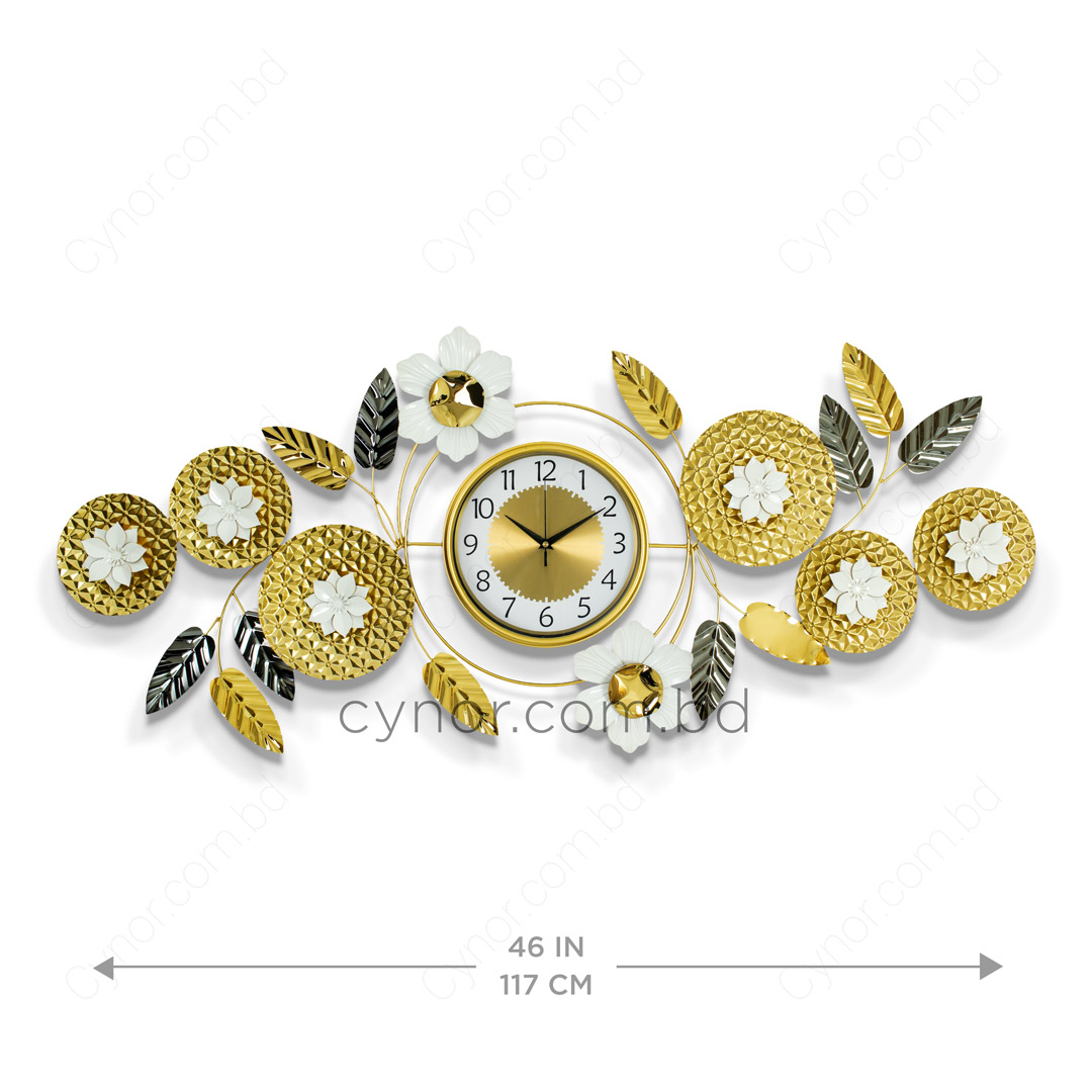 WC723-Decorative Glossy Flower Leaf Wall Clock Stainless Steel Golden Black White (5)