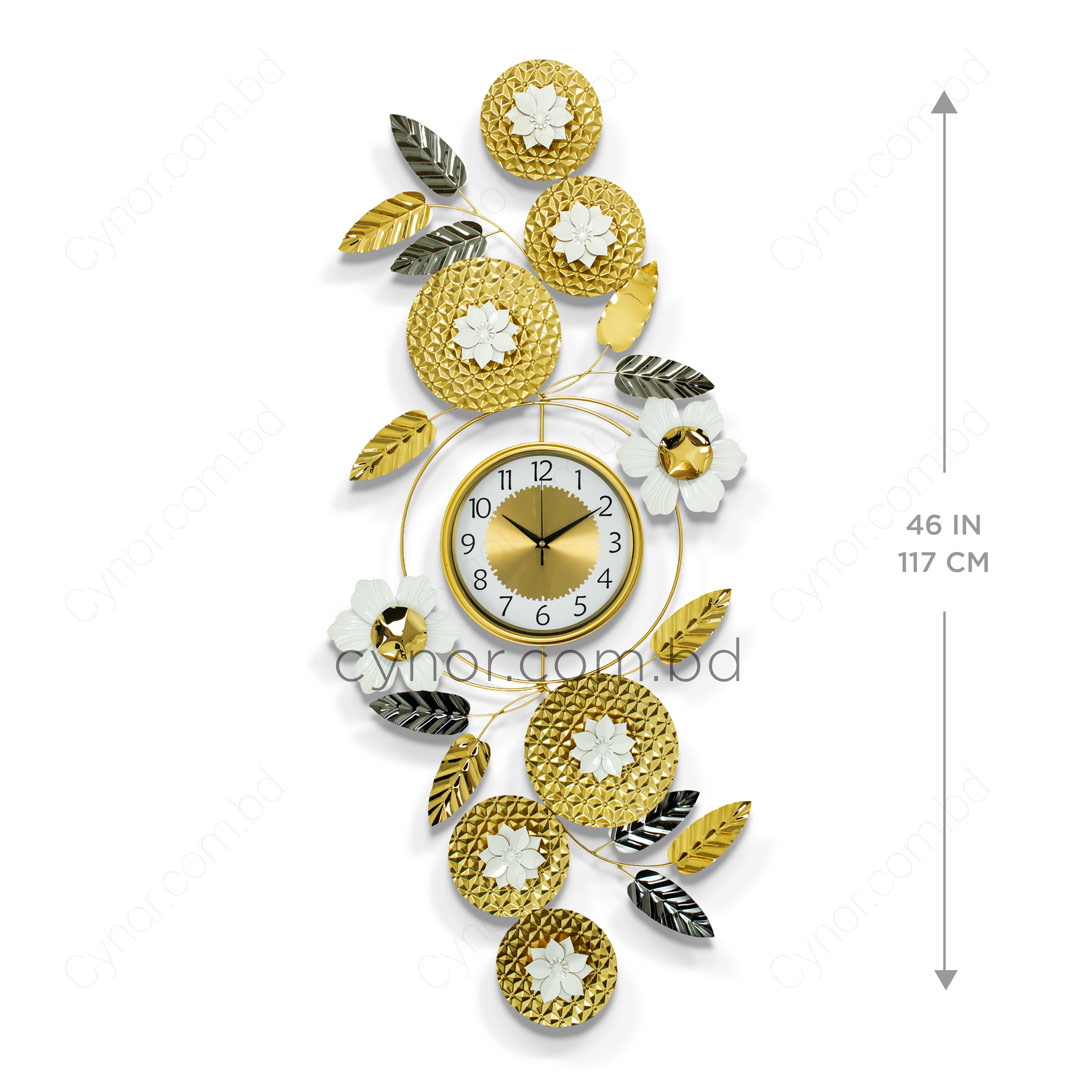 WC723-Decorative Glossy Flower Leaf Wall Clock Stainless Steel Golden Black White (6)