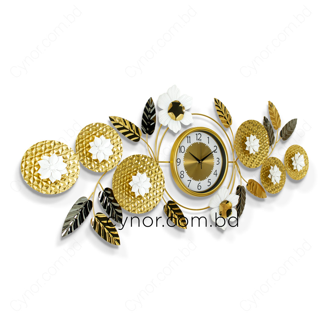 WC723-Decorative Glossy Flower Leaf Wall Clock Stainless Steel Golden Black White (7)
