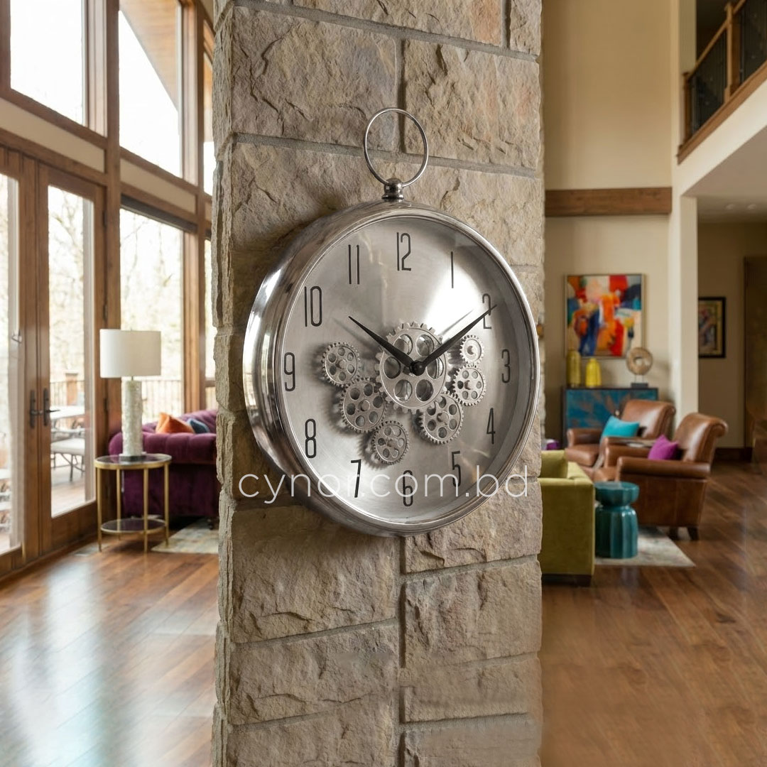 WC725-Silver-2-Moving Mechanical Gear Quartz Wall Clock Silver Color Fiber and Glass Made (2)