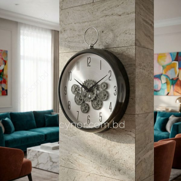 Silver Dial Black Body Moving Mechanical Gear Design Quartz Wall Clock Fiber Glass Made