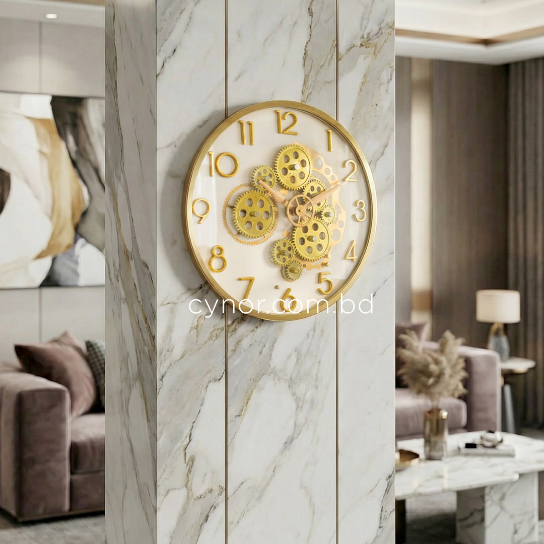 WC727-White-Moving Mechanical Gear Quartz Wall Clock Golden Frame and White Dial (1)