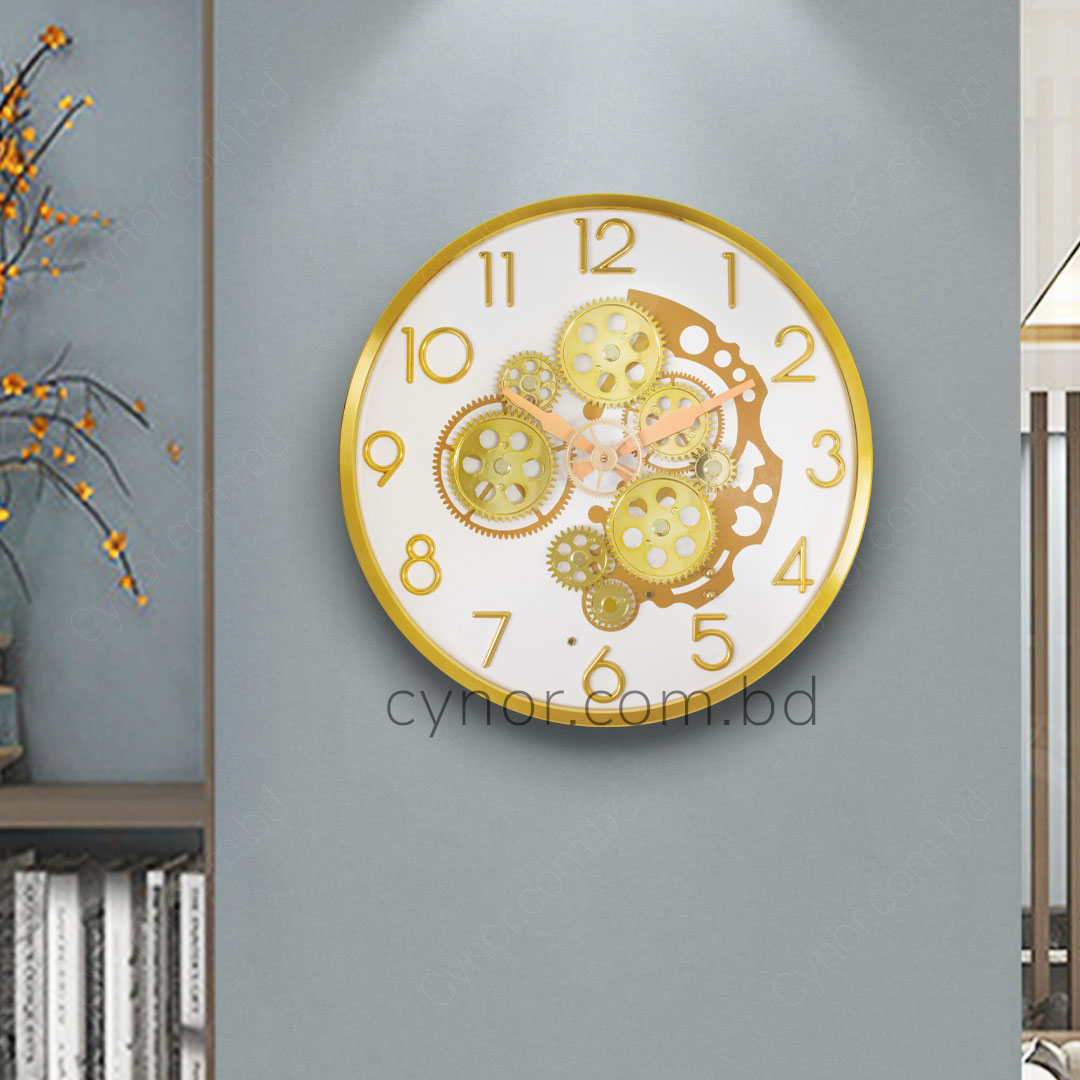WC727-White-Moving Mechanical Gear Quartz Wall Clock Golden Frame and White Dial (10)