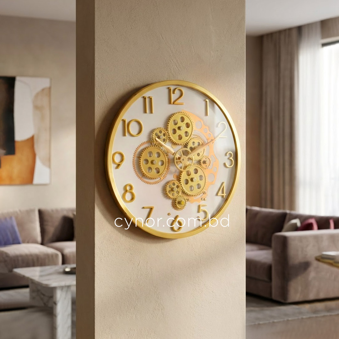WC727-White-Moving Mechanical Gear Quartz Wall Clock Golden Frame and White Dial (2)
