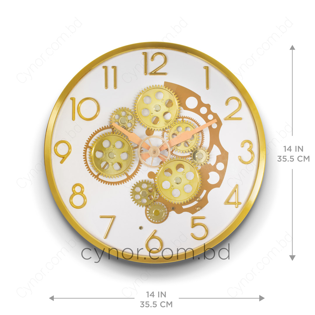 WC727-White-Moving Mechanical Gear Quartz Wall Clock Golden Frame and White Dial (3)