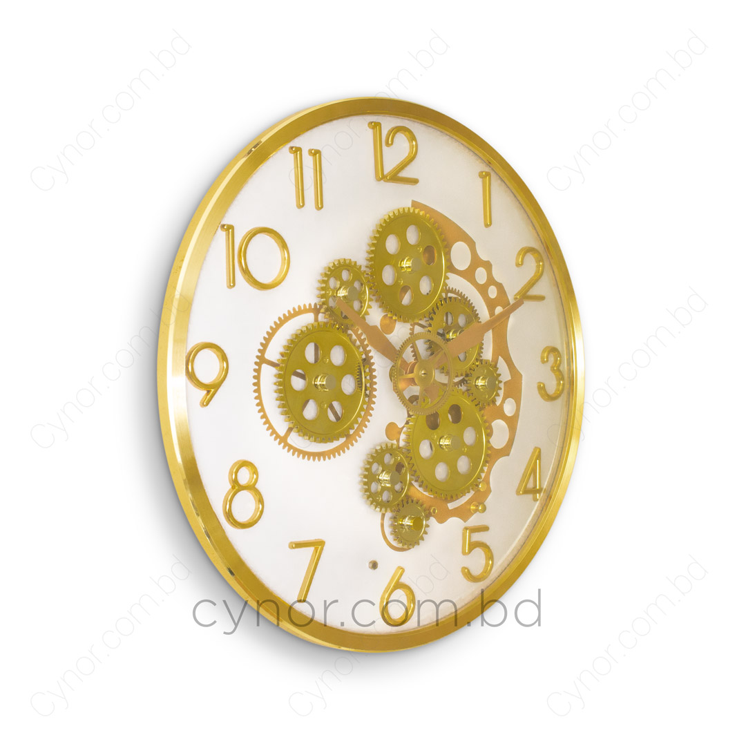 WC727-White-Moving Mechanical Gear Quartz Wall Clock Golden Frame and White Dial (4)